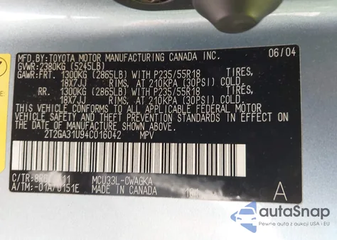 2004 Lexus Rx 330 from USA, damaged, VIN 2T2GA31U94C016042